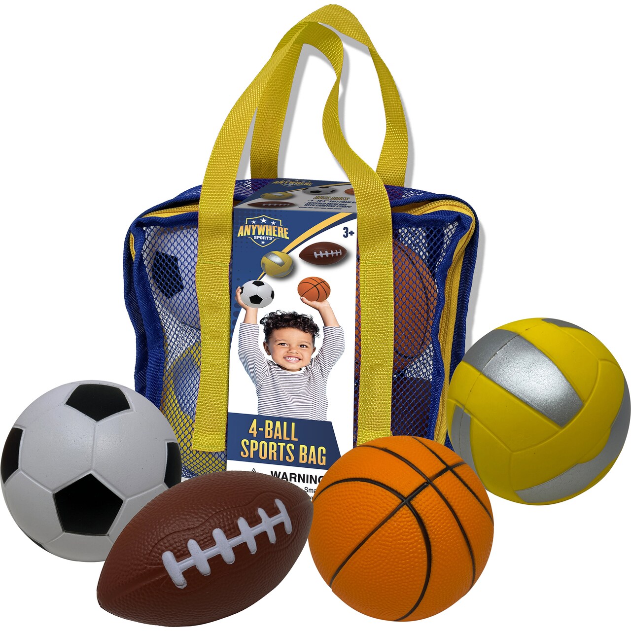 Anywhere Sports: 4-Ball Sports Bag - 4-5" Mini Foam 4pk Ball Set, Basketball-Soccer-Volleyball-Football, Assorted Color Bag, In-Outdoor Play, Kid 3+